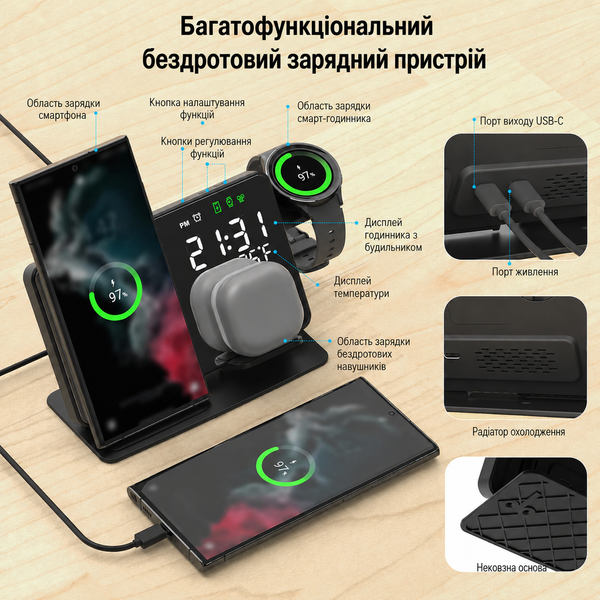 Зеркальная док-станция 4 в 1 QINETIQ Mirror clock 15W для Samsung S NOTE Fold Flip Galaxy Watch 3 10 Ultra с LED часами и термометром 23052 фото