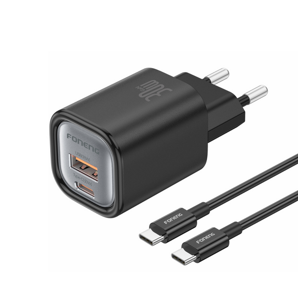 Зарядний адаптер Foneng EU71 GaN 30Вт &mdash; PD/QC, USB-A + Type-C, PPS, компактний блок живлення, Чорний