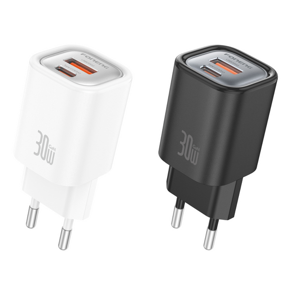 Зарядний адаптер Foneng EU71 GaN 30Вт &mdash; PD/QC, USB-A + Type-C, PPS, компактний блок живлення, Чорний
