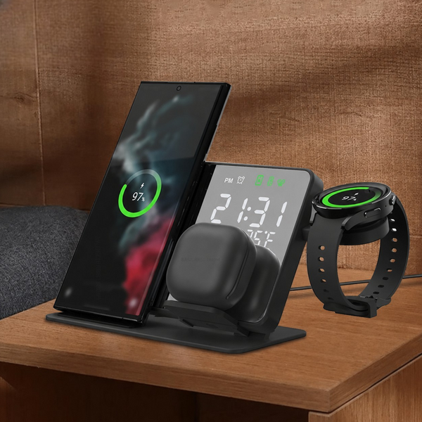 Зеркальная док-станция 4 в 1 QINETIQ Mirror clock 15W для Samsung S NOTE Fold Flip Galaxy Watch 3 10 Ultra с LED часами и термометром 23052 фото