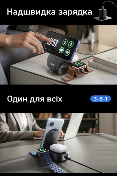 Беспроводная зарядная станция LISEN 25 Вт Qi 2.2 3 в 1 для iPhone 17-12 Pro Max Apple Watch и Samsung S26 YL222531 фото