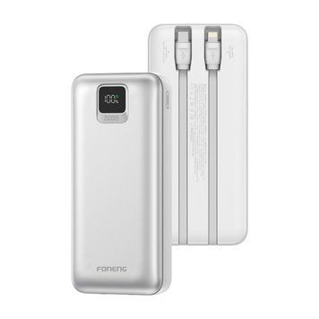Повербанк Foneng PX135 20000mAh 22.5W універсальний з двома вбудованими кабелями та LCD дисплеєм для швидкої зарядки для смартфона планшета Samsung iPhone компактний зручний уныверсальний павербанк для смартфону та планшету, Сріблястий, Silver