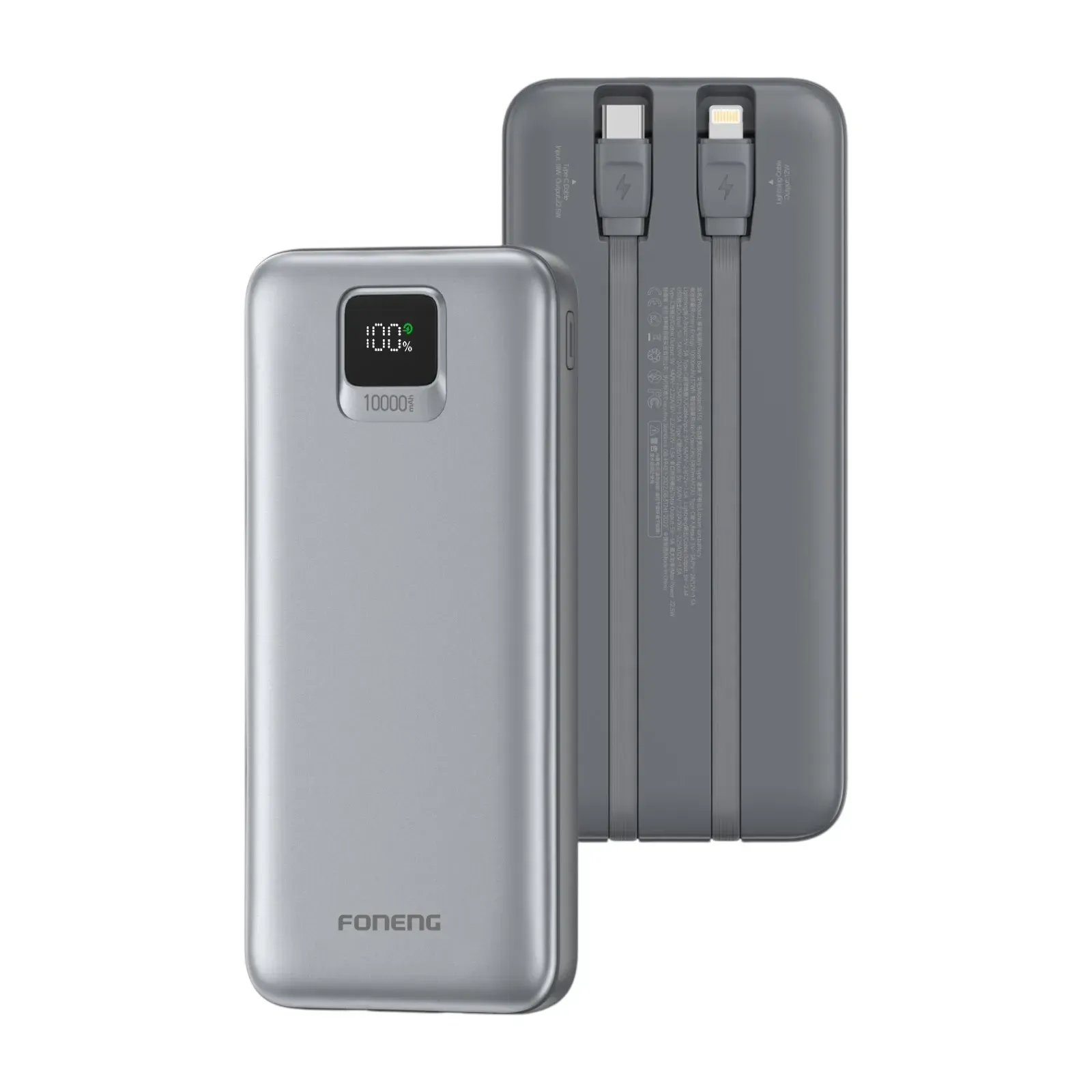 Повербанк Foneng PX135 10000 mAh 22.5W з 2 вбудованими кабелями і LCD-дисплеєм