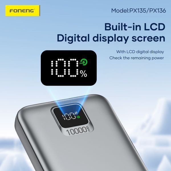 Повербанк Foneng PX135 10000mAh 22.5W универсальный с двумя встроенными кабелями и LCD дисплеем для быстрой зарядки для смартфона планшета Samsung iPhone компактный 52124 фото