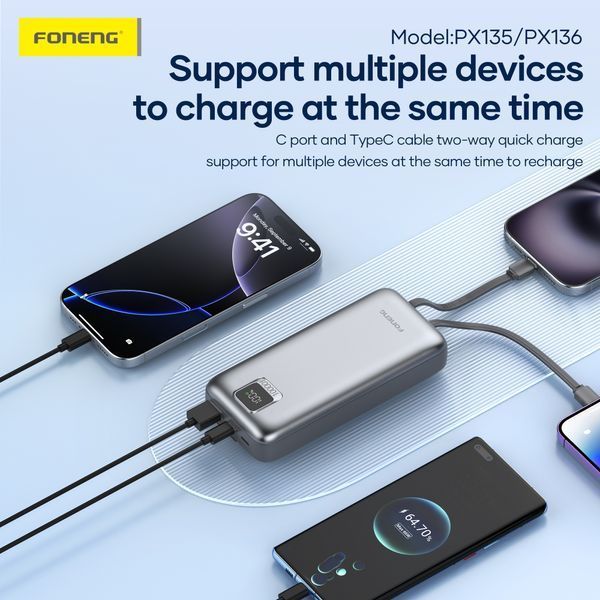 Повербанк Foneng PX135 10000mAh 22.5W универсальный с двумя встроенными кабелями и LCD дисплеем для быстрой зарядки для смартфона планшета Samsung iPhone компактный 52124 фото