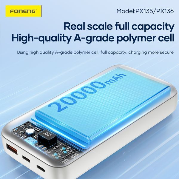 Повербанк Foneng PX135 10000mAh 22.5W универсальный с двумя встроенными кабелями и LCD дисплеем для быстрой зарядки для смартфона планшета Samsung iPhone компактный 52124 фото