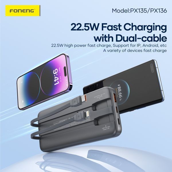 Повербанк Foneng PX135 10000mAh 22.5W универсальный с двумя встроенными кабелями и LCD дисплеем для быстрой зарядки для смартфона планшета Samsung iPhone компактный 52124 фото