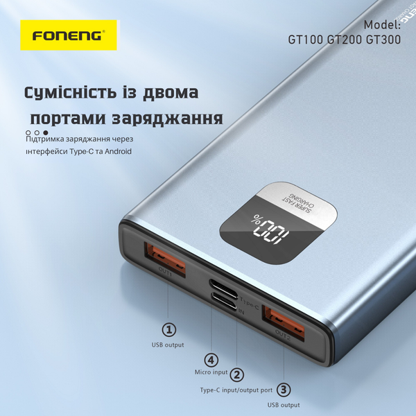 Повербанк Foneng GT100 10000mAh 22.5W з LED дисплеєм і швидкою зарядкою 2 USB порти універсальний портативний алюмінієвий повербанк 10 000 power bank для телефона iPhone Samsung роутера планшета 52101 фото