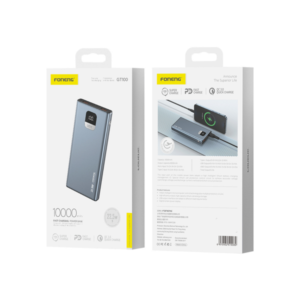 Повербанк Foneng GT100 10000mAh 22.5W з LED дисплеєм і швидкою зарядкою 2 USB порти універсальний портативний алюмінієвий повербанк 10 000 power bank для телефона iPhone Samsung роутера планшета 52101 фото