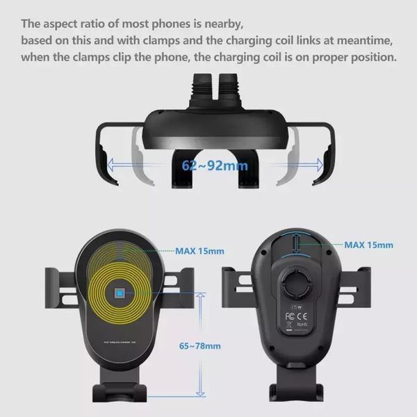 Автомобільний тримач з бездротовою зарядкою 15W Z5 Gravity Phone Holder, Чорний