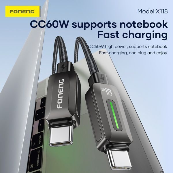 Кабель Foneng X118 USB-C &mdash; USB-C 60 Вт 1,2 м с подсветкой 84312 фото
