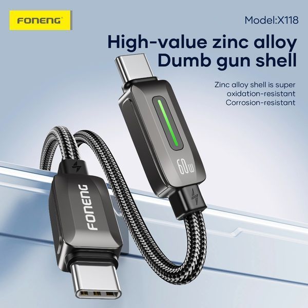 Кабель Foneng X118 USB-C &mdash; USB-C 60 Вт 1,2 м с подсветкой 84312 фото