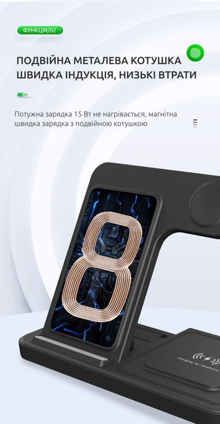 Складна бездротова зарядка 3 в 1 док станція Qinetiq T288 23W для Apple iPhone apple watch airpods 65446788-1 фото