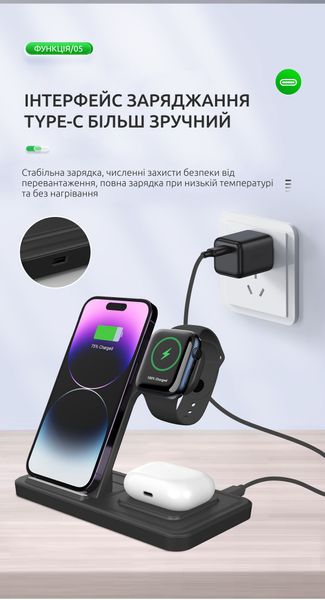 Складная беспроводная зарядка 3 в 1 док станция Qinetiq T288 23W для Apple iPhone apple watch airpods 65446788-1 фото