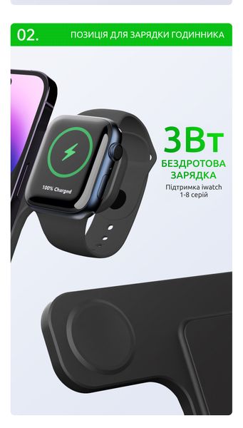 Складна бездротова зарядка 3 в 1 док станція Qinetiq T288 23W для Apple iPhone apple watch airpods 65446788-1 фото