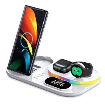 Док-станція з годинником 4 in 1 QINETIQ S6 LED Clock RGB 30W для Samsung/GalaxyBuds/Galaxy Watch_1-6 series біла 23024 фото