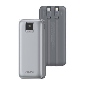 Повербанк Foneng PX135 20000mAh 22.5W универсальный с двумя встроенными кабелями и LCD дисплеем для быстрой зарядки для смартфона планшета Samsung iPhone компактный удобный универсальный повербанк для смартфона и планшета, Space Gray