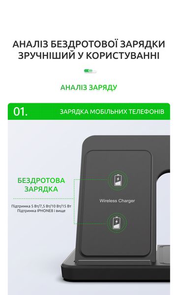 Складна бездротова зарядка 3 в 1 док станція Qinetiq T288 23W для Apple iPhone apple watch airpods 65446788-1 фото