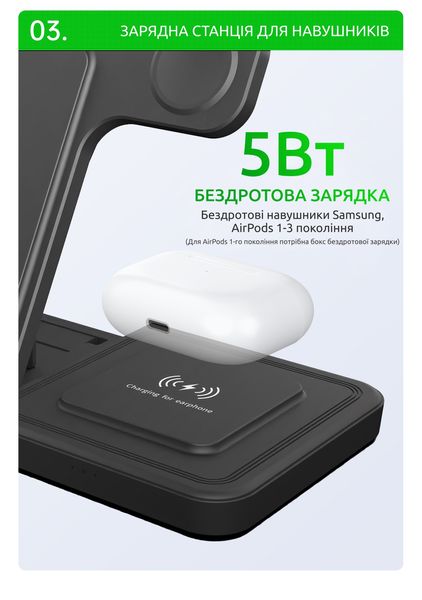 Складна бездротова зарядка 3 в 1 док станція Qinetiq T288 23W для Apple iPhone apple watch airpods 65446788-1 фото