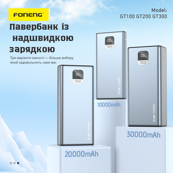 Повербанк Foneng GT300 30000mAh 22.5W з LED дисплеєм і швидкою зарядкою 2 USB порти універсальний портативний алюмінієвий повербанк 30 000 power bank для телефона iPhone Samsung роутера планшета, Сріблястий