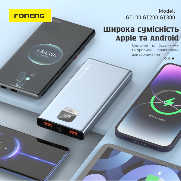 Повербанк Foneng GT300 30000mAh 22.5W з LED дисплеєм і швидкою зарядкою 2 USB порти універсальний портативний алюмінієвий повербанк 30 000 power bank для телефона iPhone Samsung роутера планшета, Сріблястий