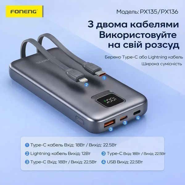 Повербанк Foneng PX135 20000mAh 22.5W універсальний з двома вбудованими кабелями та LCD дисплеєм для швидкої зарядки для смартфона планшета Samsung iPhone компактний зручний уныверсальний павербанк для смартфону та планшету, Space Gray
