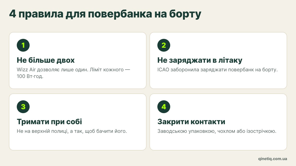 Інфографіка: чотири правила для повербанка на борту — максимум два, не заряджати в літаку, тримати при собі, захистити контакти