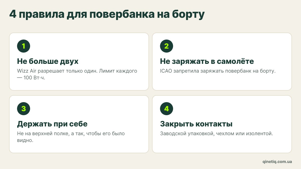 Инфографика: четыре правила для повербанка на борту — максимум два, не заряжать в самолёте, держать при себе, защитить контакты