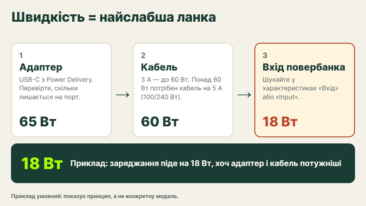 Схема ланцюжка: адаптер USB-C PD, кабель USB-C—USB-C, вхід повербанка; швидкість визначає найслабша ланка