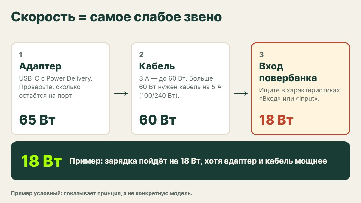 Схема цепочки: адаптер USB-C PD, кабель USB-C—USB-C, вход повербанка; скорость определяет самое слабое звено