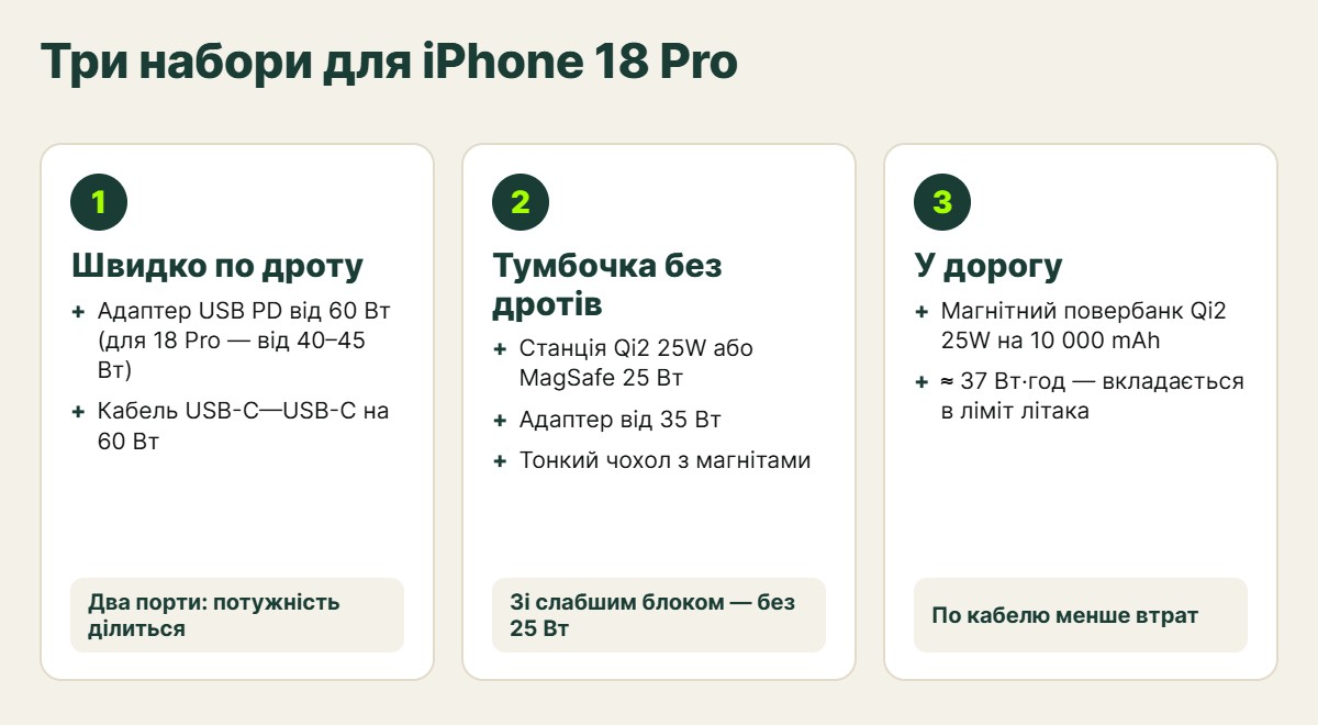 Три набори для iPhone 18 Pro: швидко по дроту, тумбочка без дротів, у дорогу