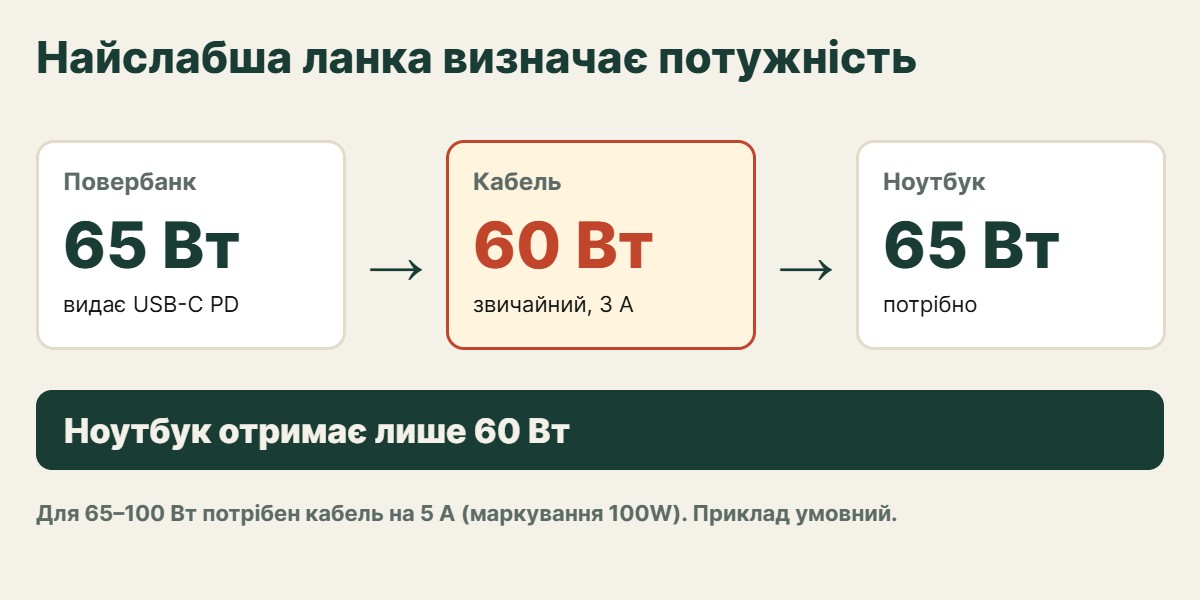 Схема: повербанк, кабель і ноутбук. Потужність обмежує найслабший елемент ланцюжка