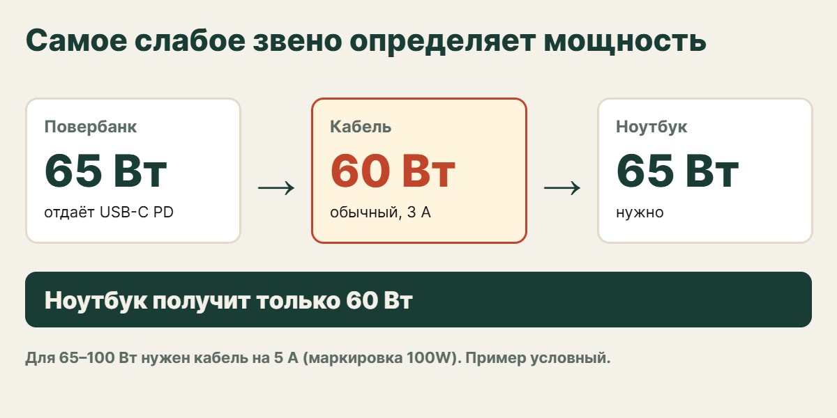 Схема: повербанк, кабель и ноутбук. Мощность ограничивает самое слабое звено