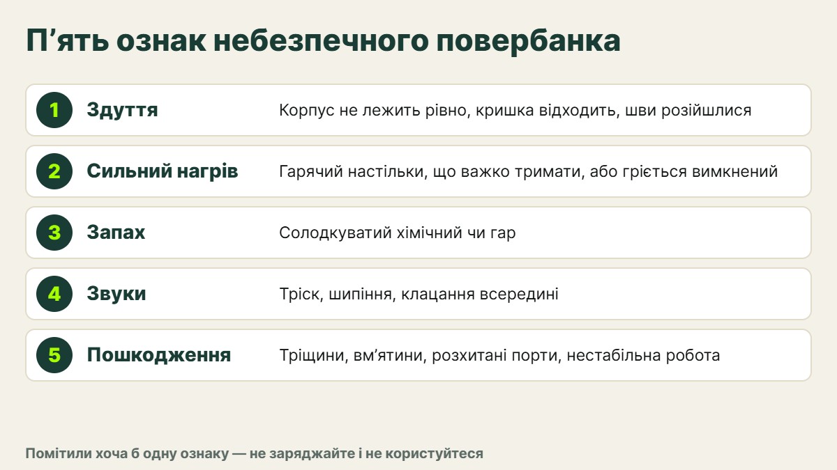 Інфографіка: п'ять ознак небезпечного повербанка — здуття, нагрів, запах, звуки, пошкоджений корпус або порт