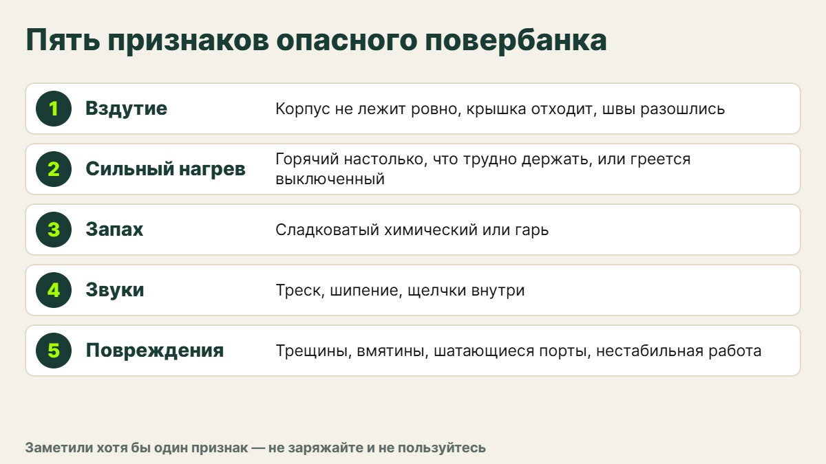 Инфографика: пять признаков опасного повербанка — вздутие, нагрев, запах, звуки, повреждённый корпус или порт