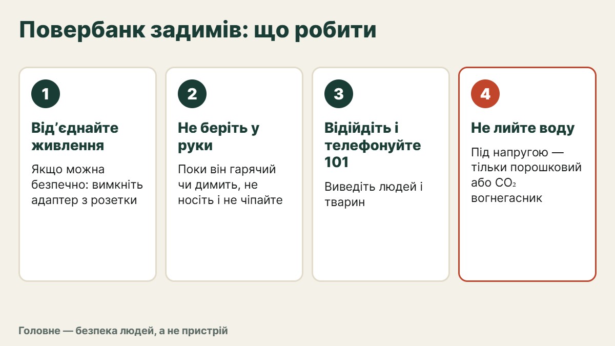 Інфографіка: чотири кроки, якщо повербанк задимів — вимкнути живлення, відійти, зателефонувати 101, гасити порошковим або вуглекислотним вогнегасником