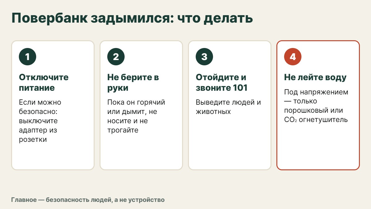 Инфографика: четыре шага, если повербанк задымился — отключить питание, отойти, позвонить 101, тушить порошковым или углекислотным огнетушителем