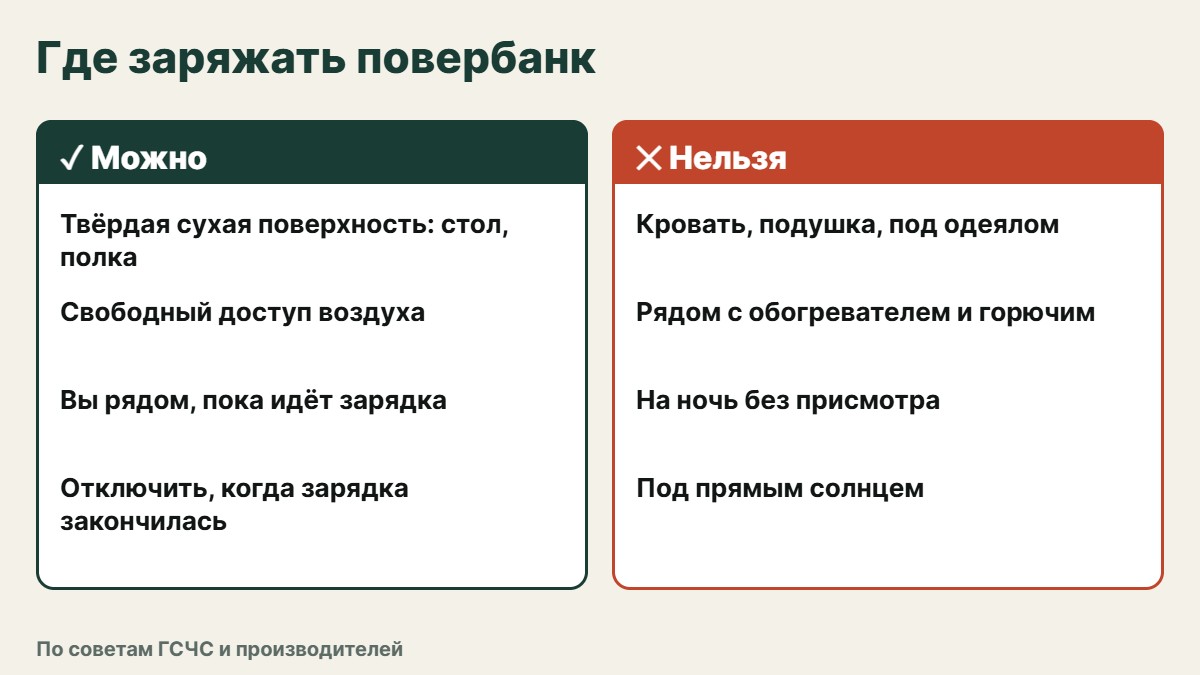 Инфографика: где можно заряжать повербанк — стол, полка; где нельзя — кровать, подушка, рядом с обогревателем, на подоконнике под солнцем