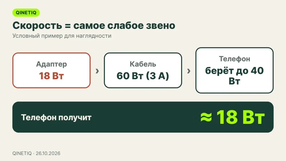 Схема: адаптер 18 Вт, кабель 60 Вт и телефон до 40 Вт дают зарядку примерно 18 Вт