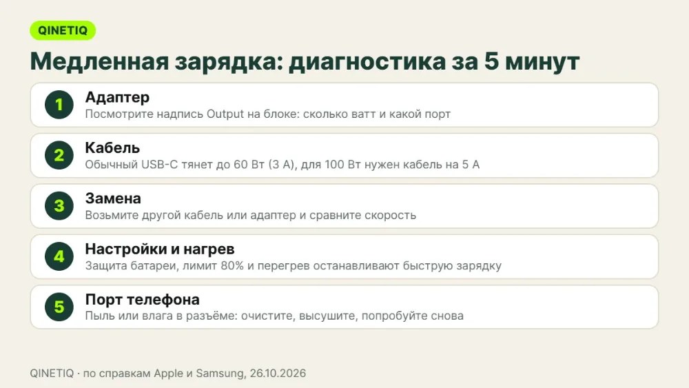 Чек-лист из пяти шагов диагностики медленной зарядки телефона