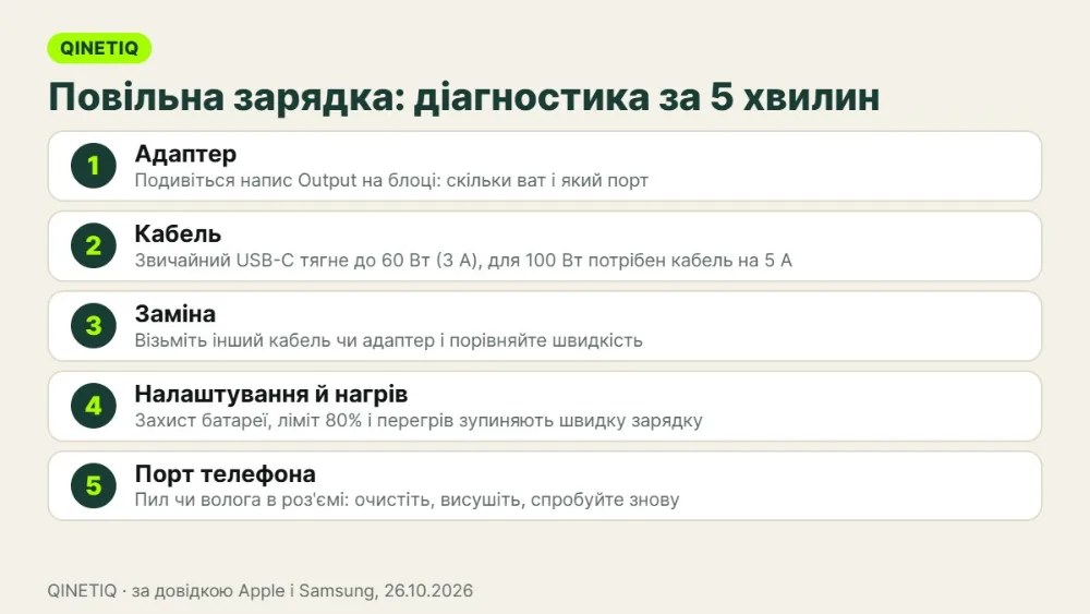 Чек-лист із п'яти кроків діагностики повільної зарядки телефона